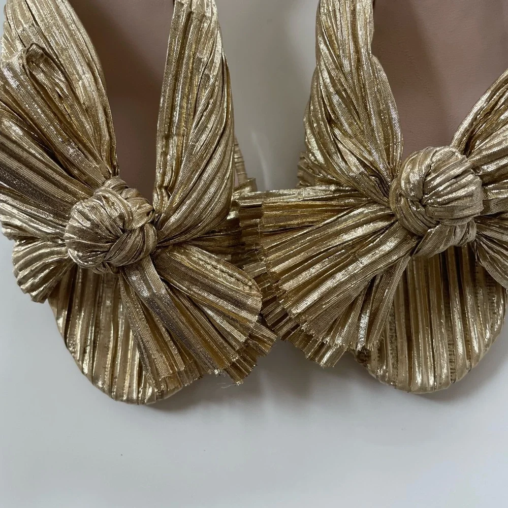 Loeffler Randall Metallic Gold Pleated Knot Block Heel Mules - Picture 3 of 6